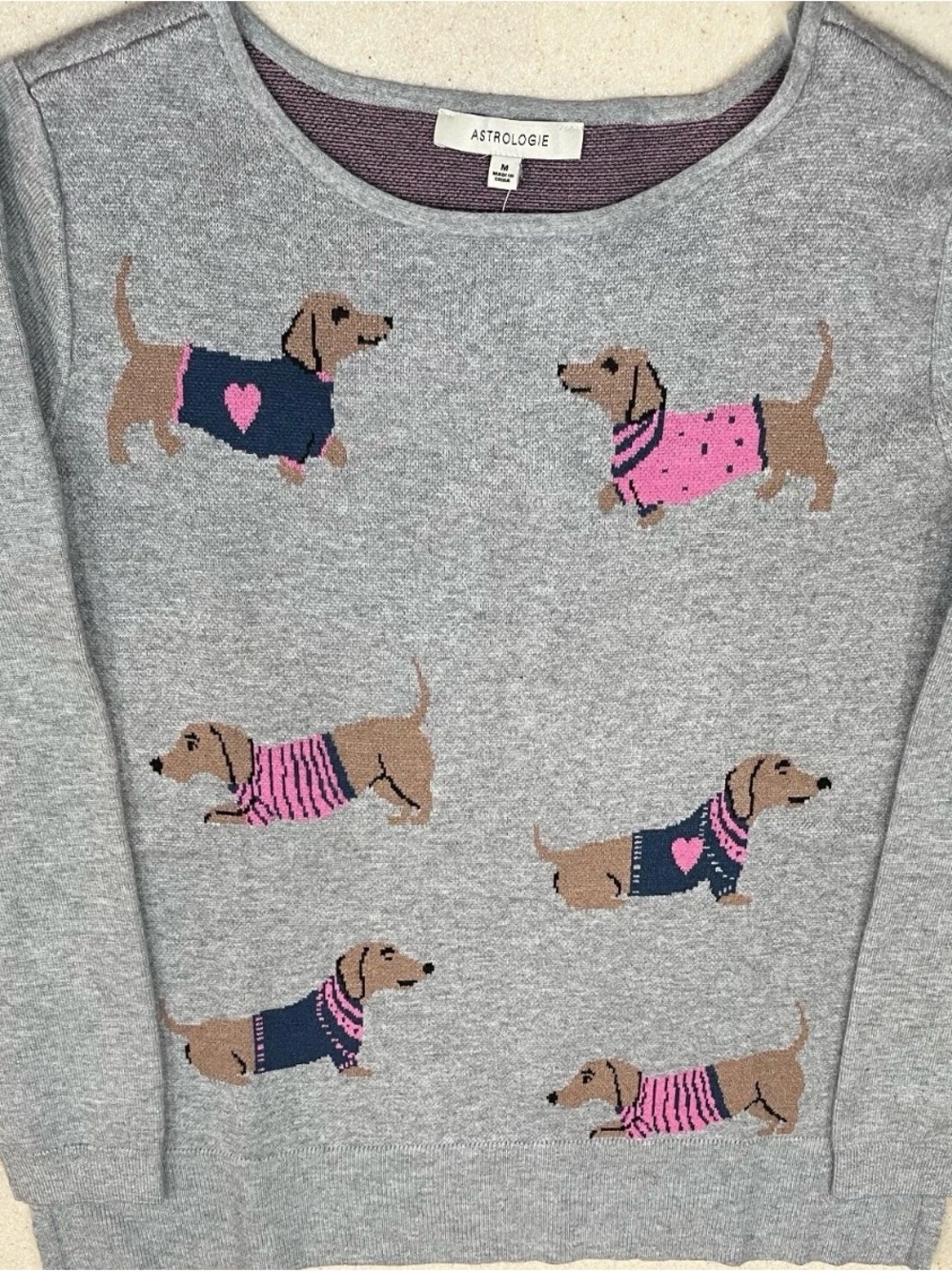 Astrologie Gray Crewneck Sweater with Pink & Navy Dachshund Motif